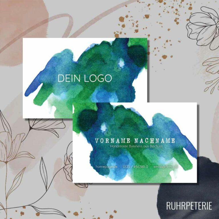 Visitenkarten Design für Kreativbranche mit Logo - Aquarell gruen blau Weißdruck